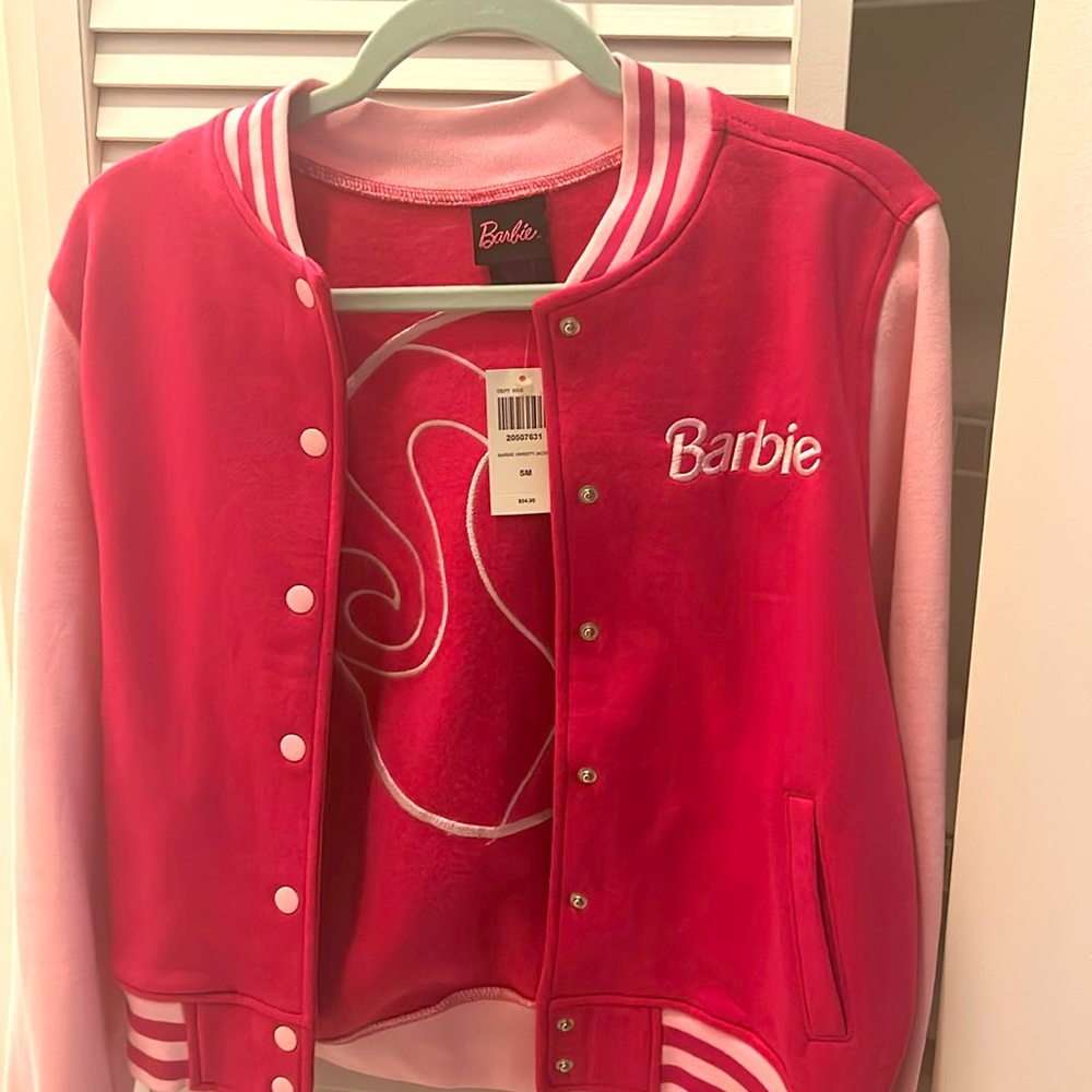 LOOKS NEW Barbie Pink and White Varsity Jacket with Ribbed Trim